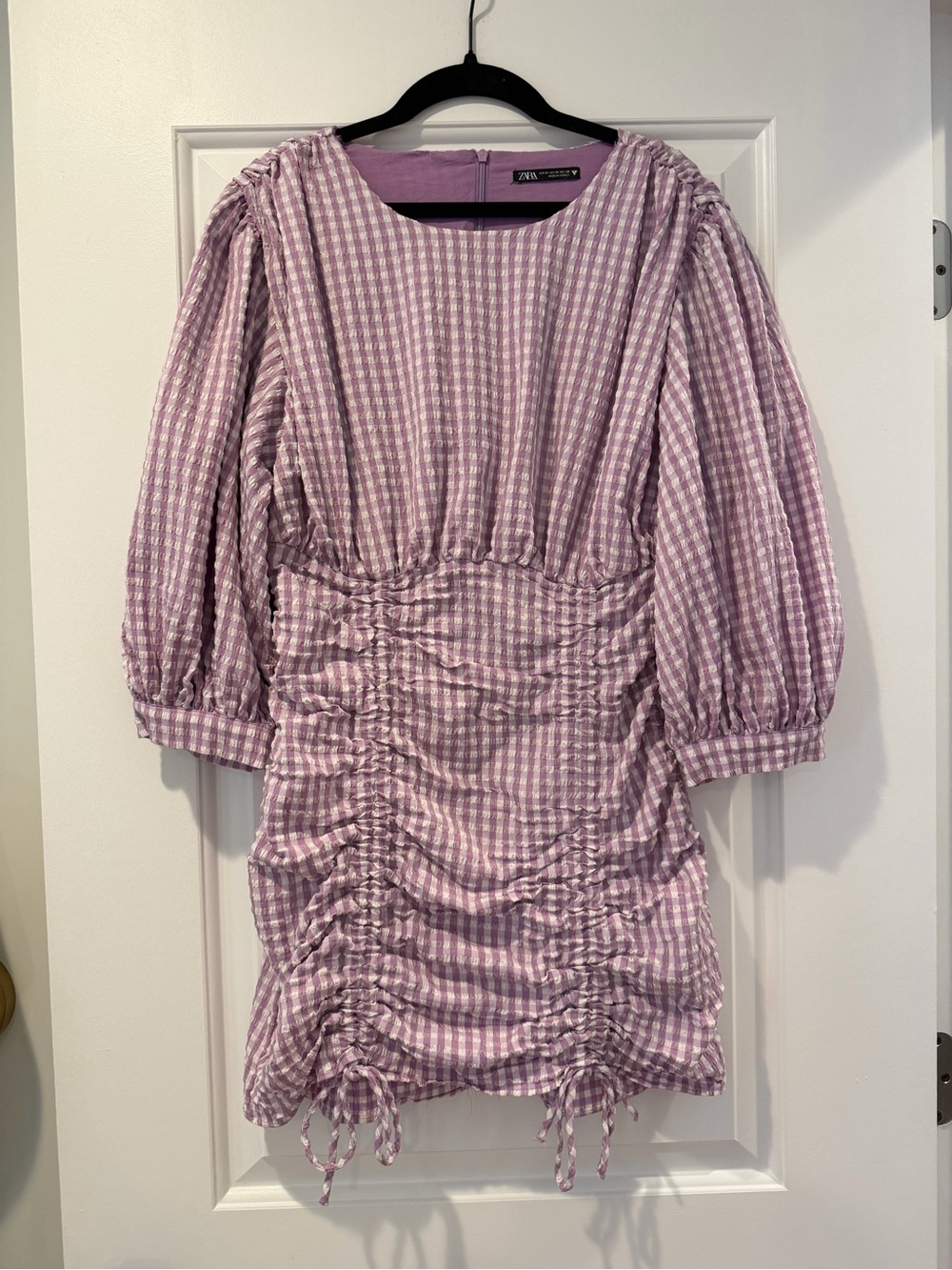 Zara Ruched Gingham Mini Dress — size Medium